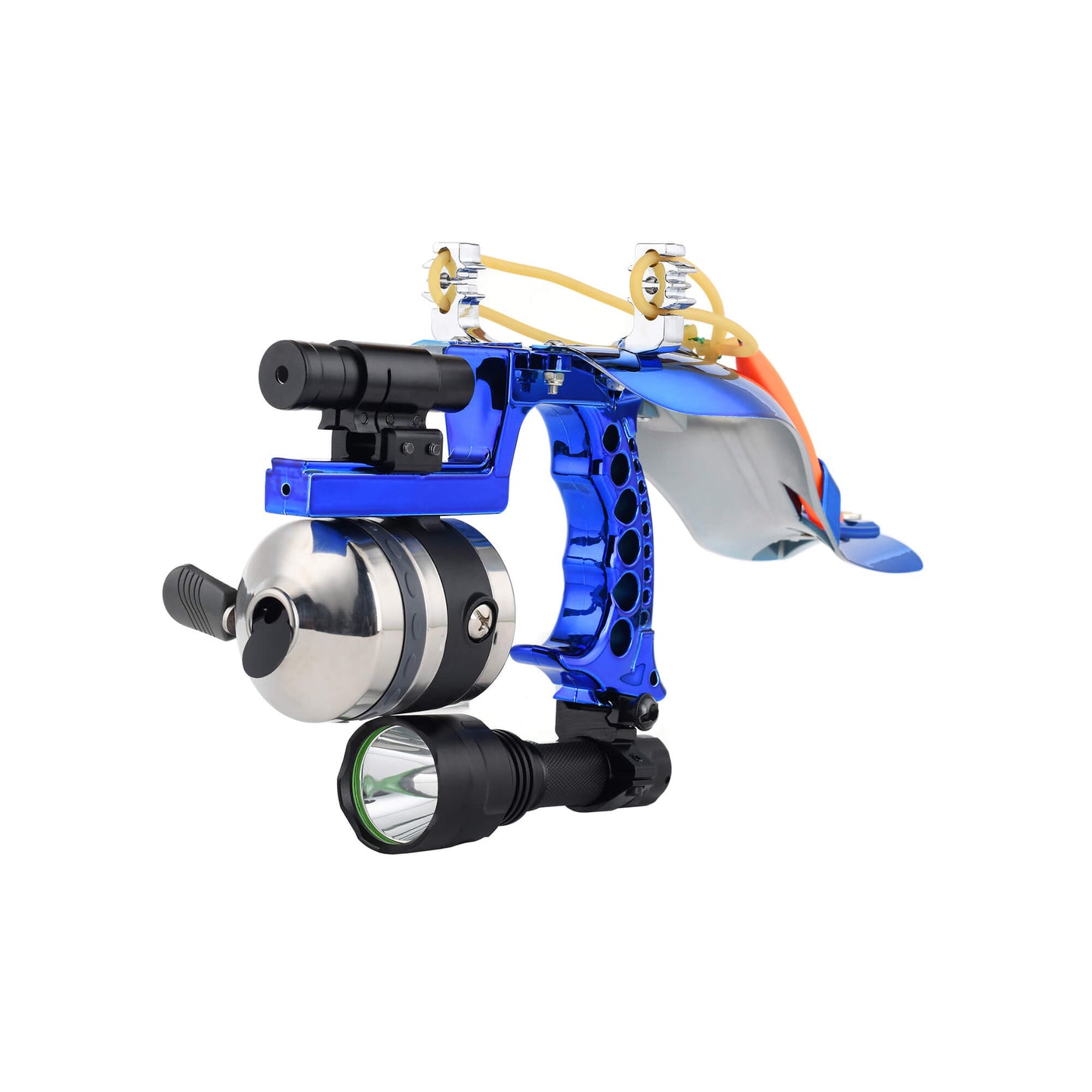 Fishing slingshot F-Ballista 01 with Flashlight, Fishing Reel, 3 Fish Darts with Dart Box, Magnetic Ball Holder and Laser.