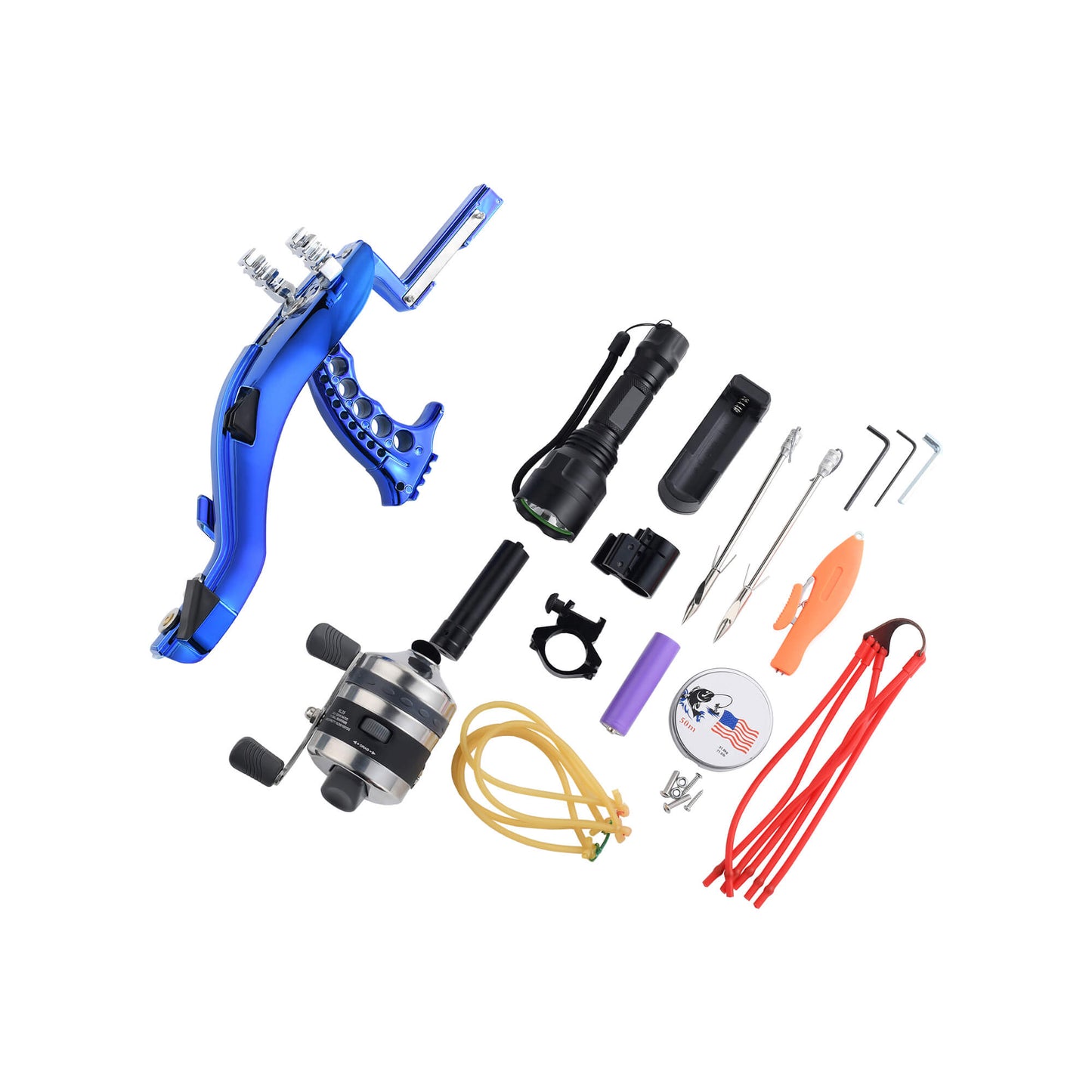 Fishing slingshot F-Ballista 01 with Flashlight, Fishing Reel, 3 Fish Darts with Dart Box, Magnetic Ball Holder and Laser.