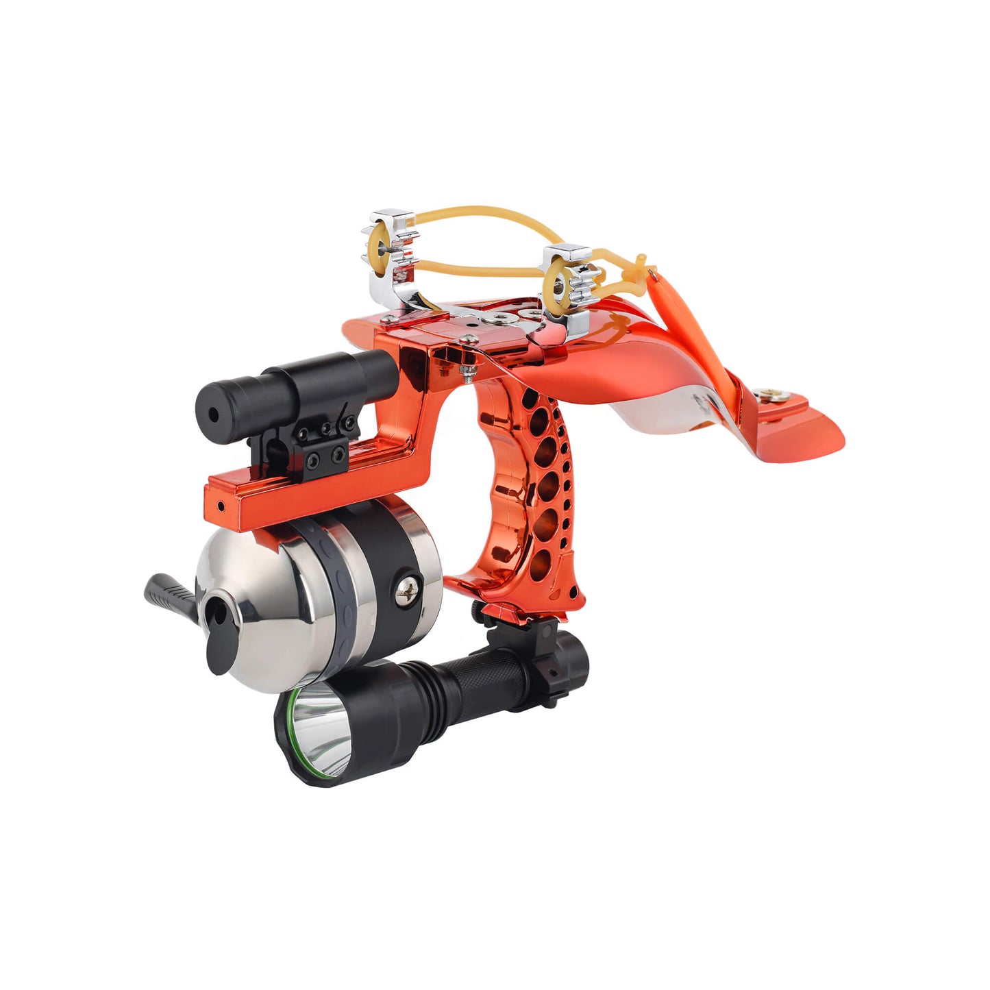 Fishing slingshot F-Ballista 01 with Flashlight, Fishing Reel, 3 Fish Darts with Dart Box, Magnetic Ball Holder and Laser.