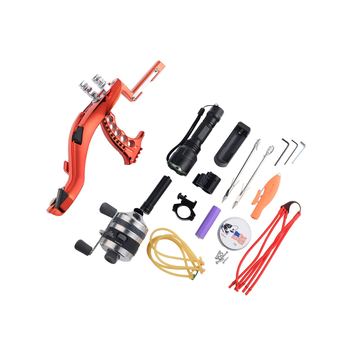 Fishing slingshot F-Ballista 01 with Flashlight, Fishing Reel, 3 Fish Darts with Dart Box, Magnetic Ball Holder and Laser.