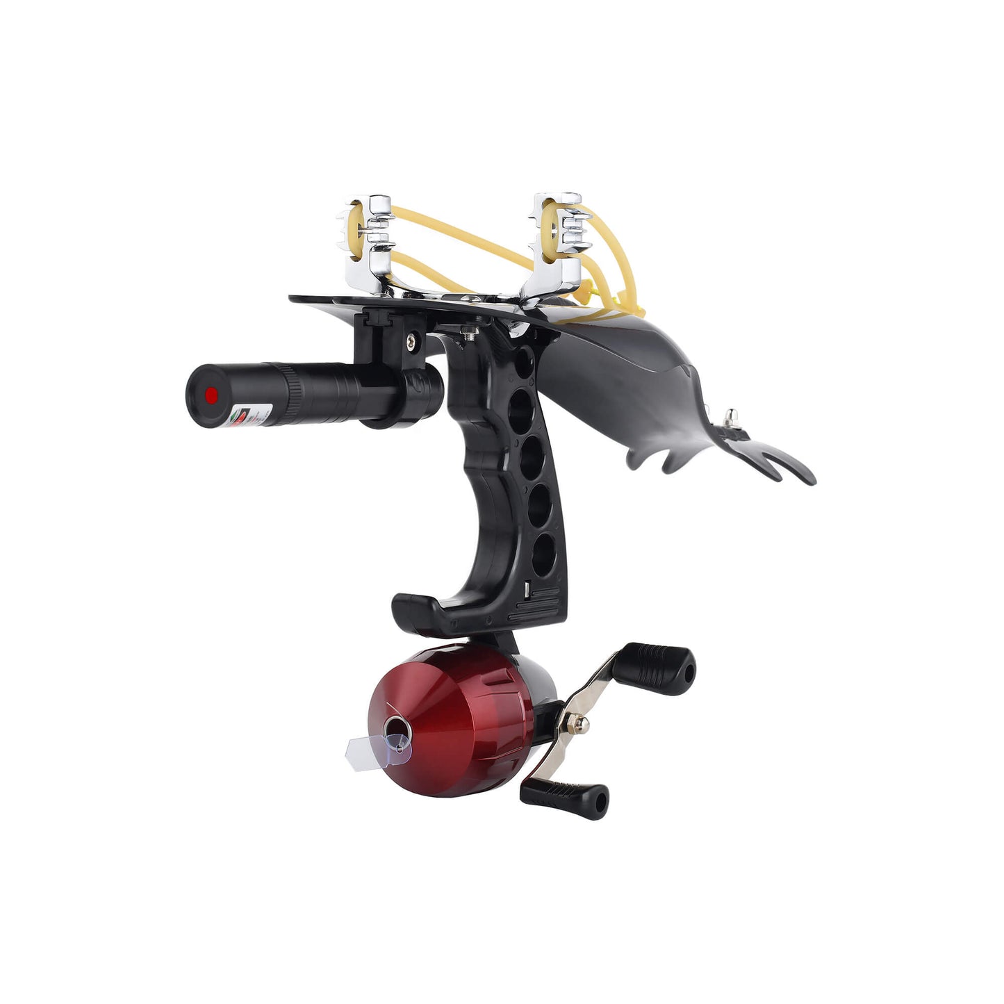 Fishing slingshot F-Ballista 03 with Fishing Reel, Fish Darts with Dart Box, Line Splitter, Protective Cover, and Fish Wheel.