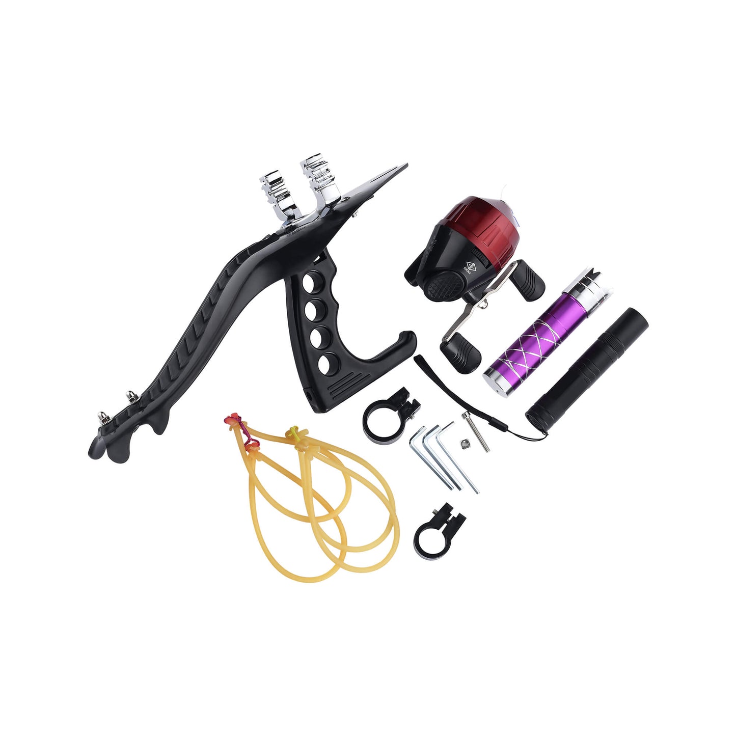 Fishing slingshot F-Ballista 03 with Fishing Reel, Fish Darts with Dart Box, Line Splitter, Protective Cover, and Fish Wheel.