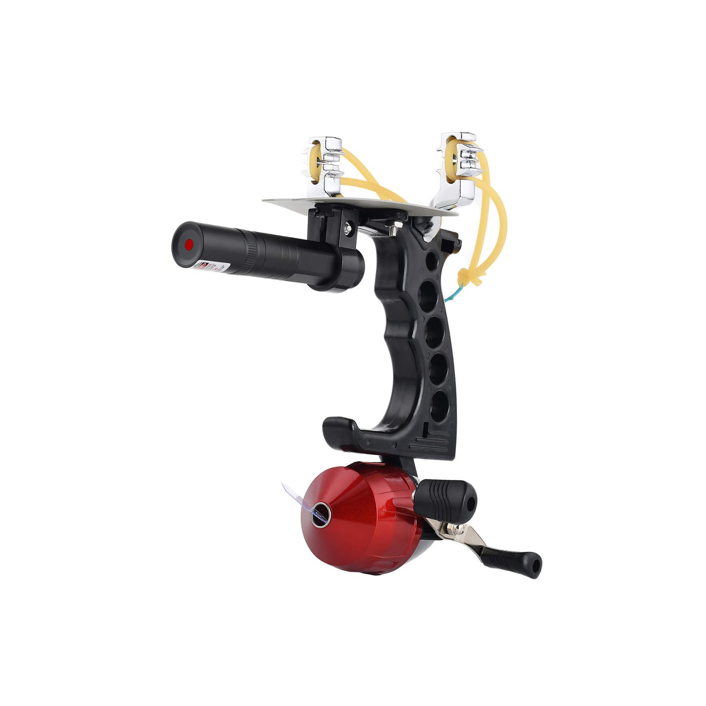 Fishing slingshot F-Ballista 04 with Fishing Reel, Fish Darts with Dart Box, Line Splitter, Protective Cover, and Fish Wheel.
