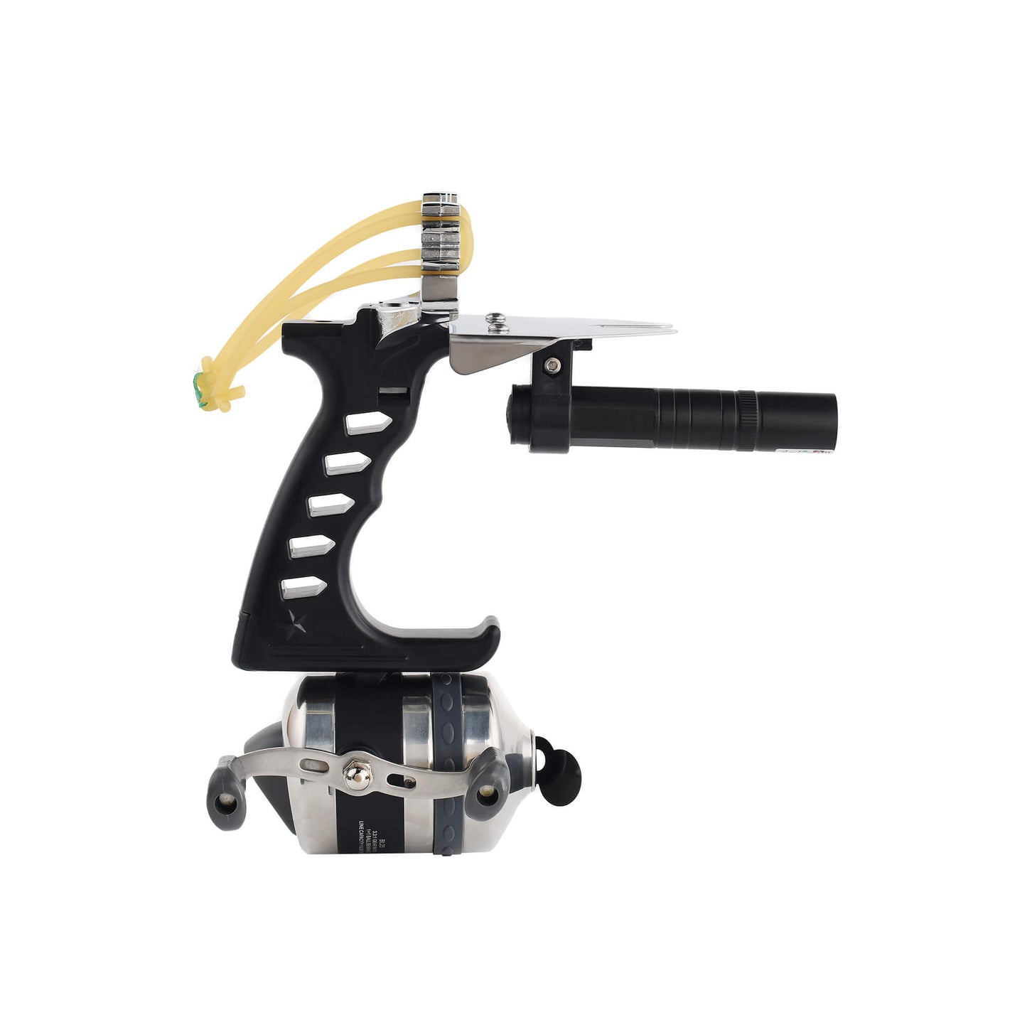 Fishing slingshot F-Ballista 05 with Fishing Reel, Fish Darts with Dart Box, Line Splitter, Protective Cover, and Fish Wheel.