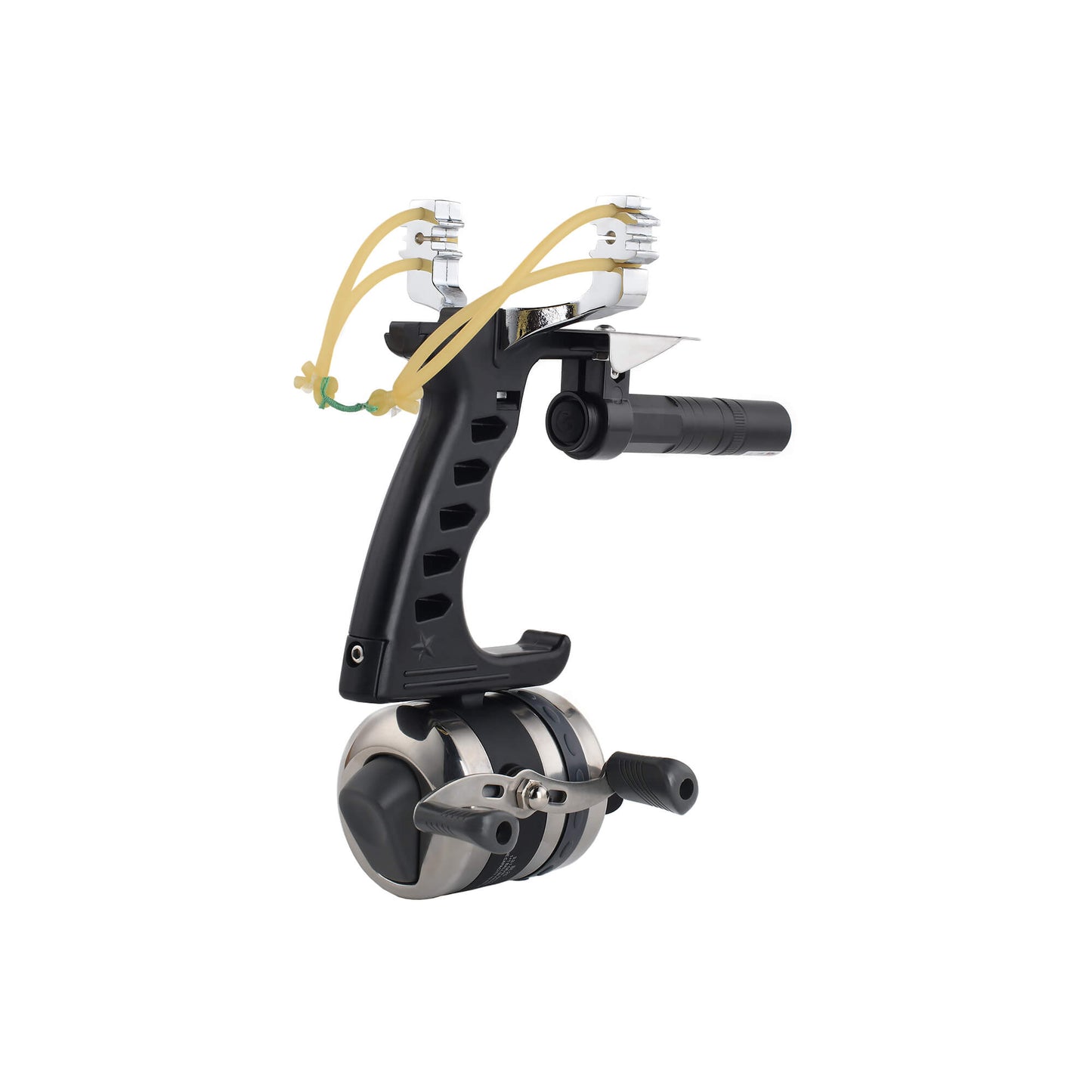 Fishing slingshot F-Ballista 05 with Fishing Reel, Fish Darts with Dart Box, Line Splitter, Protective Cover, and Fish Wheel.