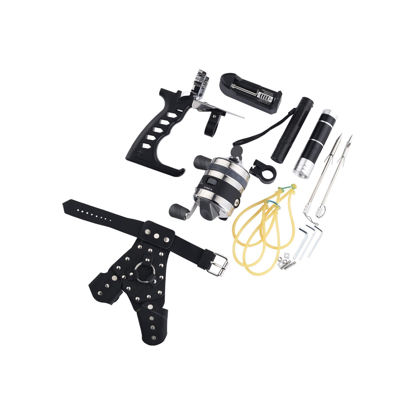Fishing slingshot F-Ballista 05 with Fishing Reel, Fish Darts with Dart Box, Line Splitter, Protective Cover, and Fish Wheel.