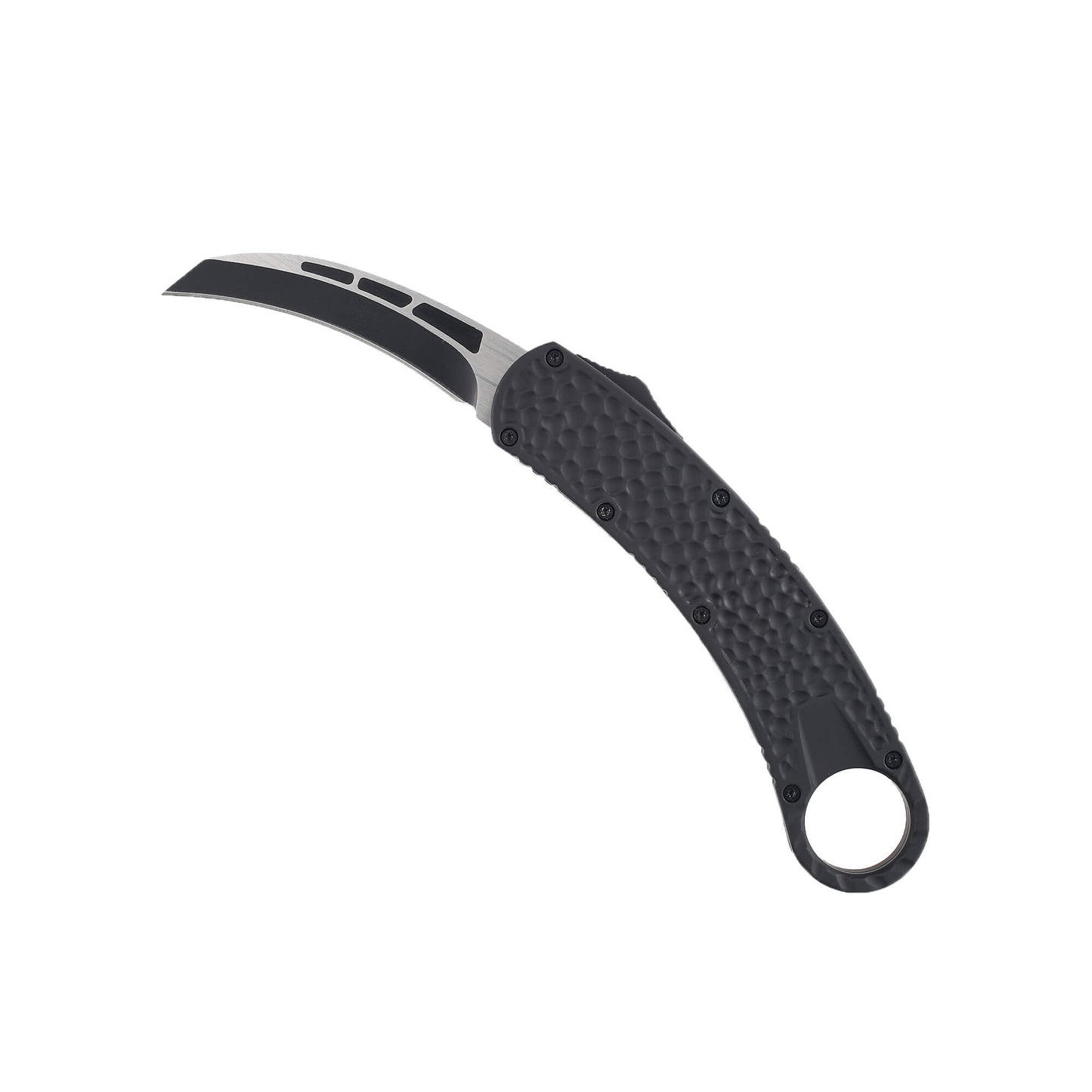 KRMBT Automatic OTF Knife on a white background with the blade extended and push button visible.