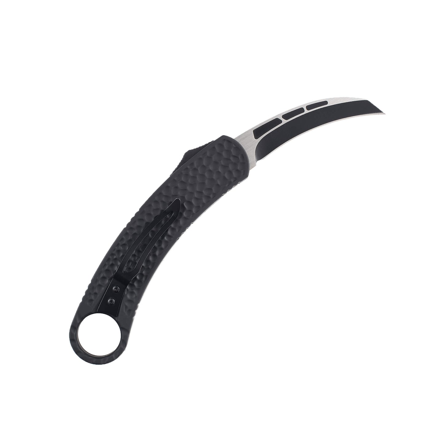KRMBT Automatic OTF Knife on a white background with the blade extended and pocket clip visible.