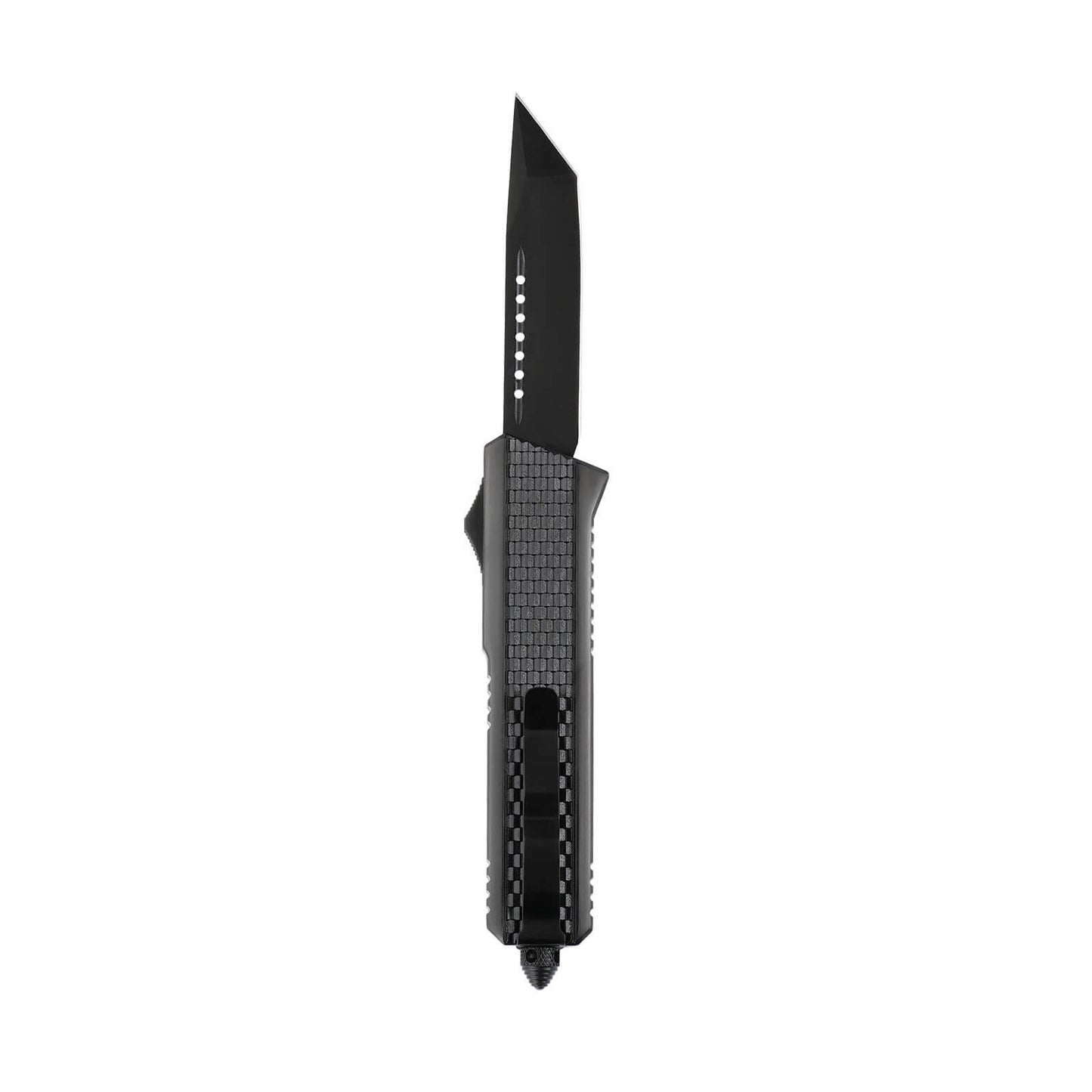 Oran Large OTF knife with dual-action, tanto blade and textured Zinc Alloy handle for secure grip.