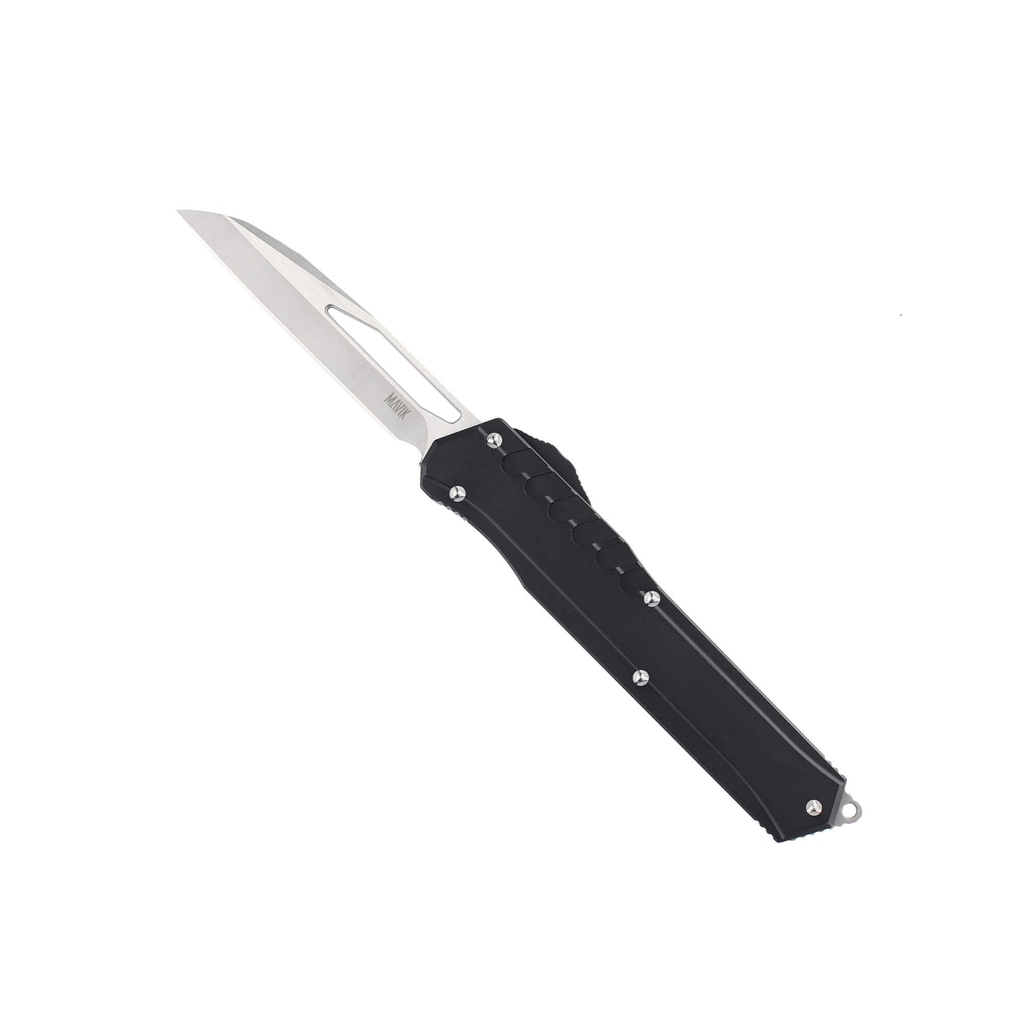 CNC'ed automatic OTF dual-action knife ReapEx with wharncliffe D2 blade, Aluminum Alloy handle, pocket clip, lanyard hole.