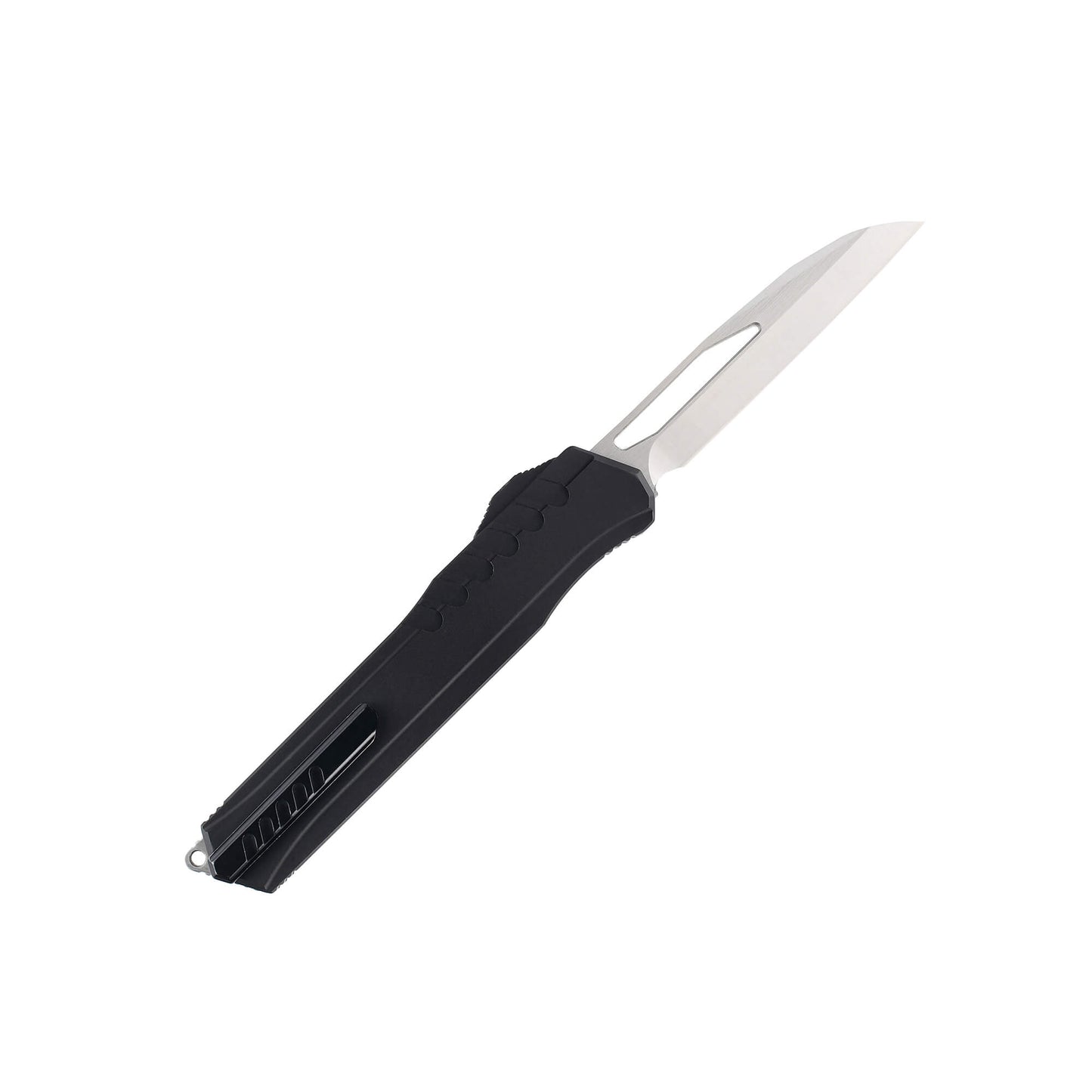 CNC'ed automatic OTF dual-action knife ReapEx with wharncliffe D2 blade, Aluminum Alloy handle, pocket clip, lanyard hole.