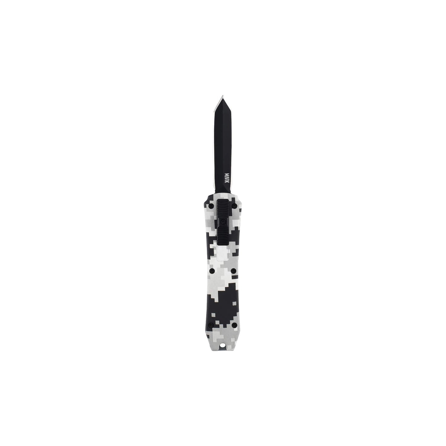 Mini automatic OTF knife Splinter from Mavik Gear with 440C spear point blade, Aluminum Alloy handle, and lanyard hole.