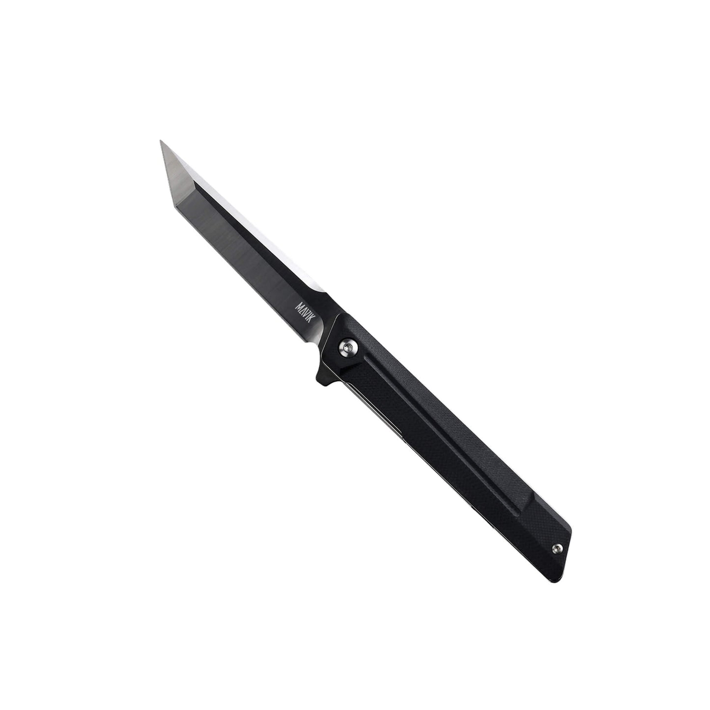 Folding knife Jawrs from Mavik Gear with D2 steel american tanto blade, black textured G10 handle, and pocket clip.
