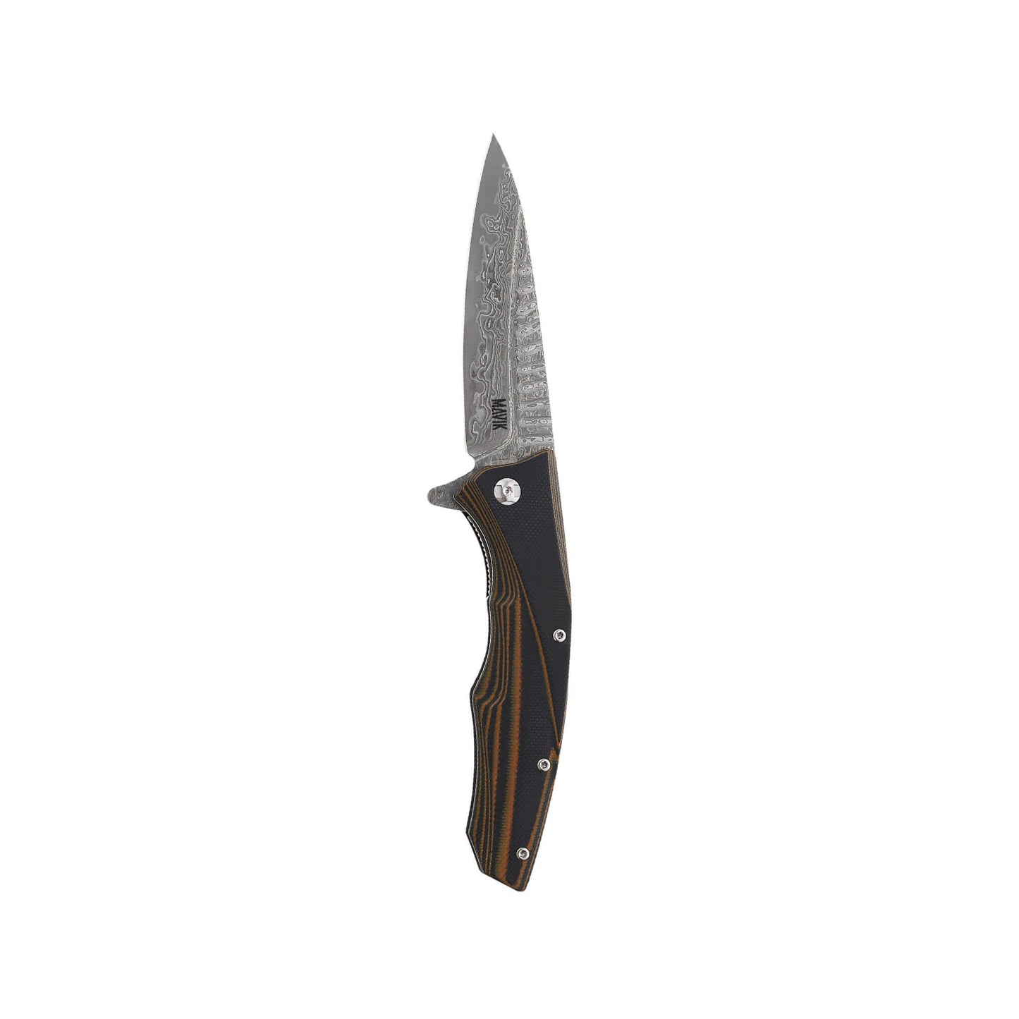 Folding knife Lazer from Mavik Gear with extra-long drop point blade, ergonomic textured G10 handle, and silver pocket clip.