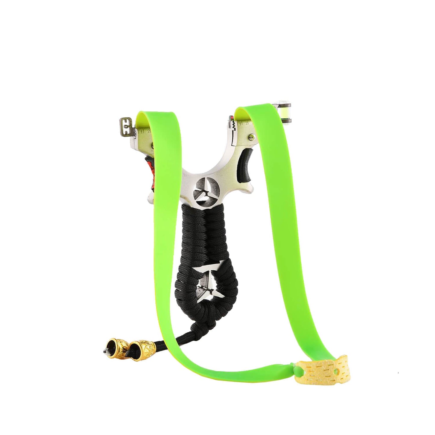 Ballista 17 unique tactical slingshot with non-slip nylon rope-wrapped handle, made of stainless steel, rubber construction.
