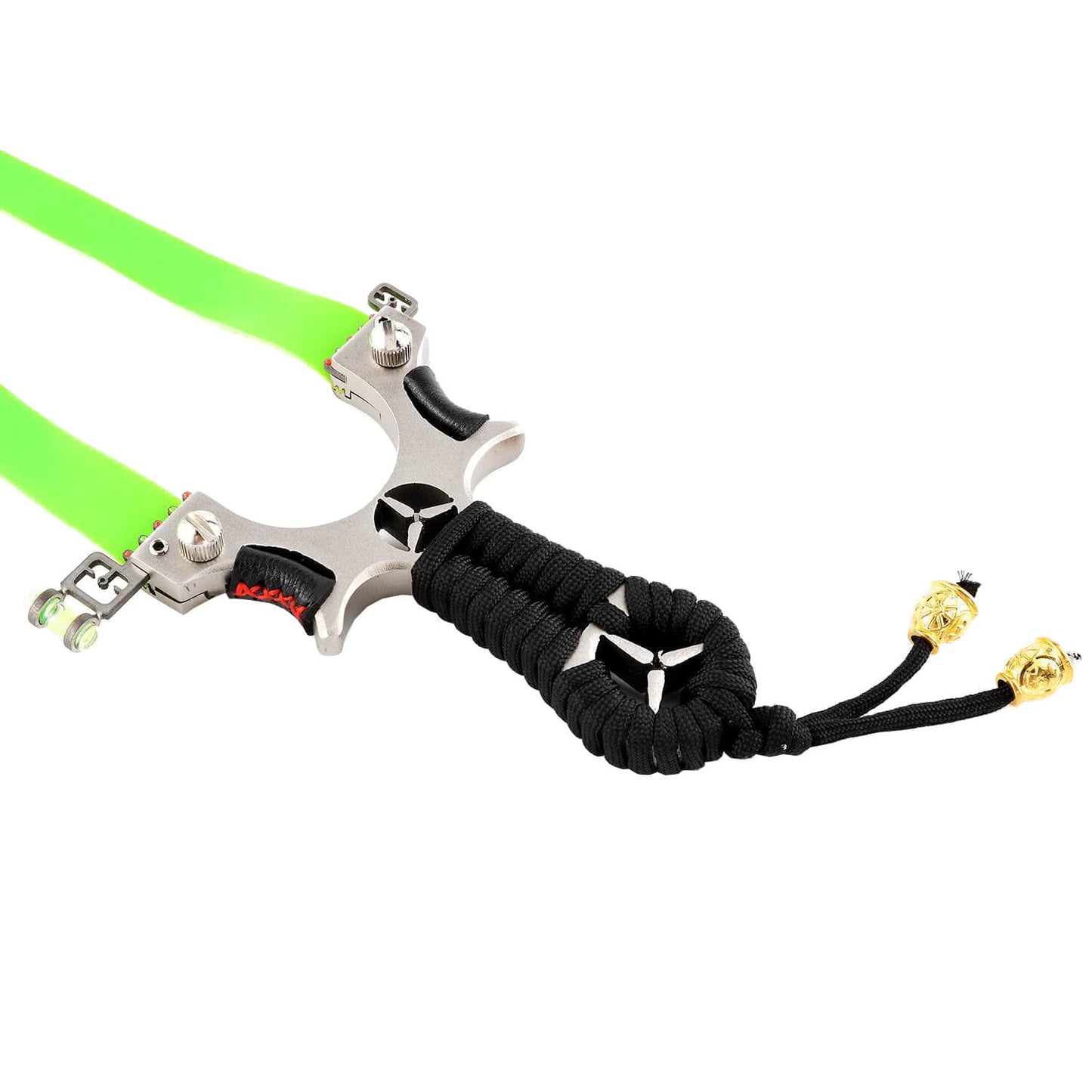 Ballista 17 unique tactical slingshot with non-slip nylon rope-wrapped handle, made of stainless steel, rubber construction.