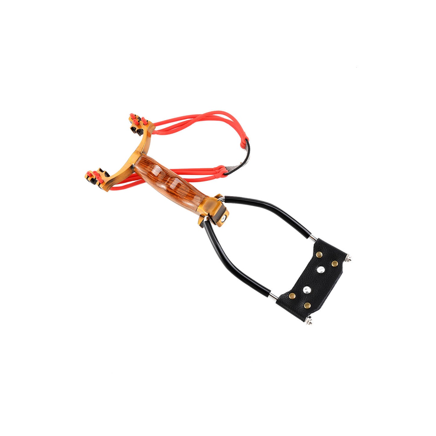 Ballista 18 tactical slingshot with elegant golden wood handle and comfort curve, made of Aluminum Alloy and golden wood.