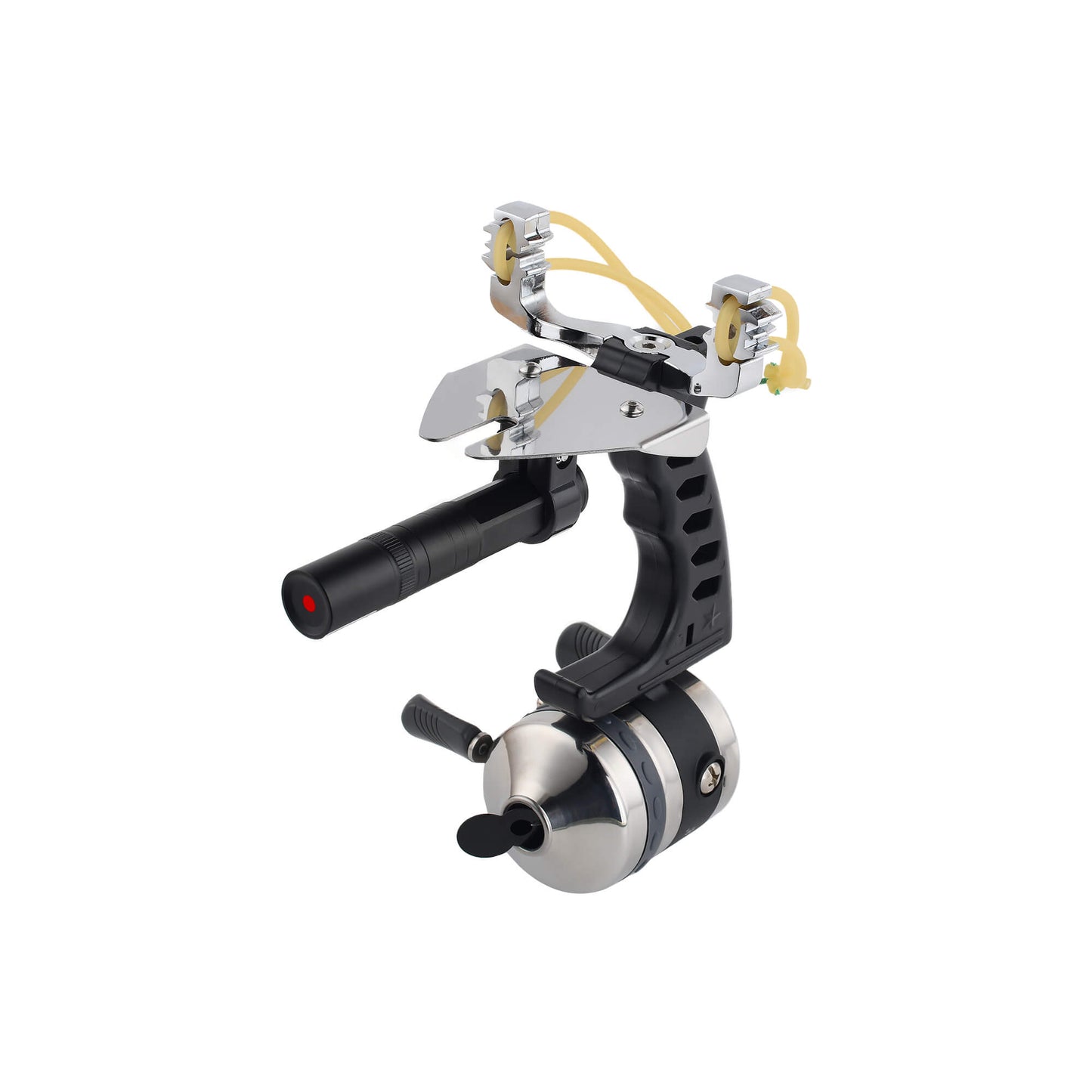 Fishing slingshot F-Ballista 05 with Fishing Reel, Fish Darts with Dart Box, Line Splitter, Protective Cover, and Fish Wheel.